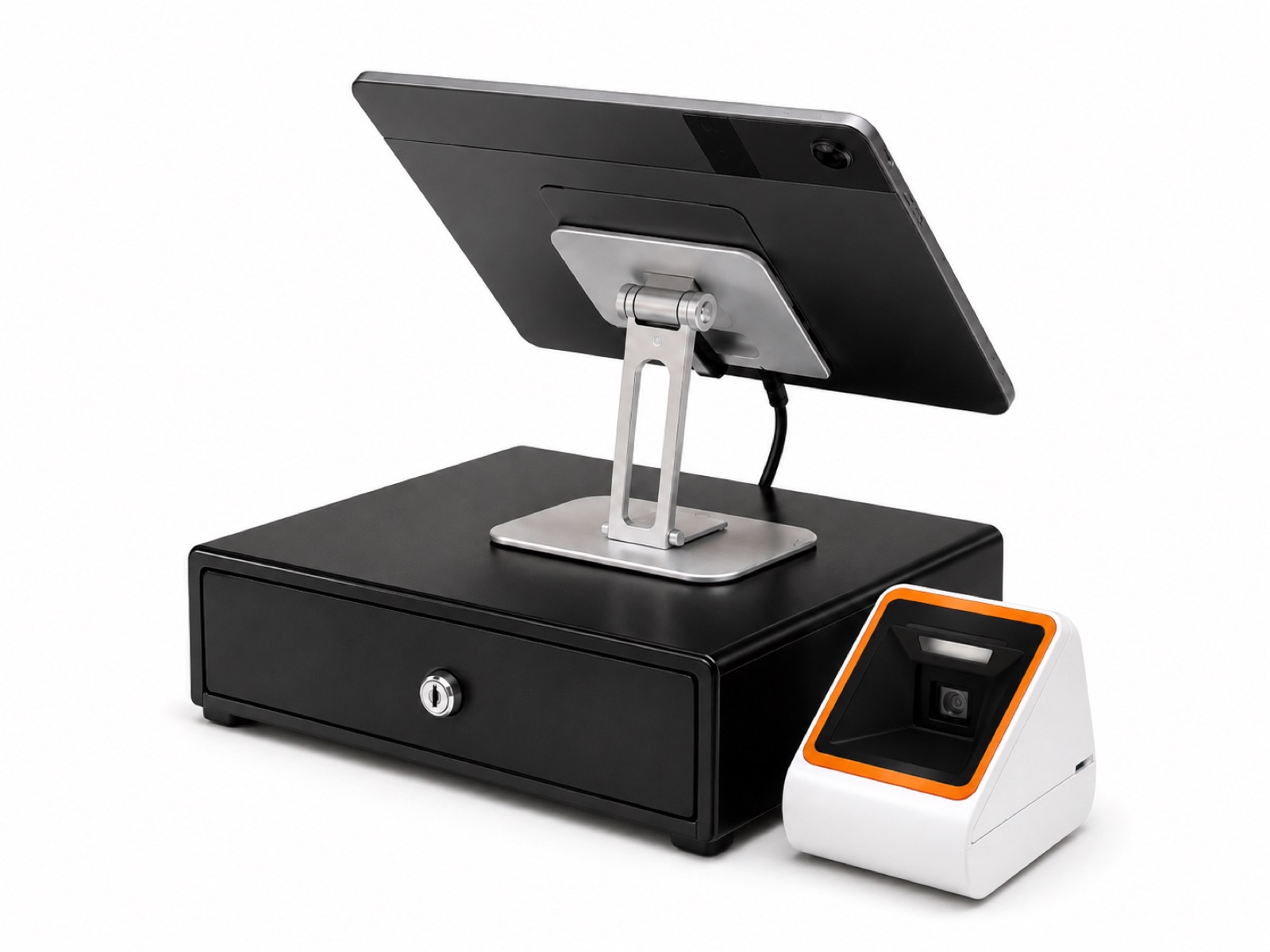 OEN POS 設備組：POS 主機、金屬錢箱與載具掃描器